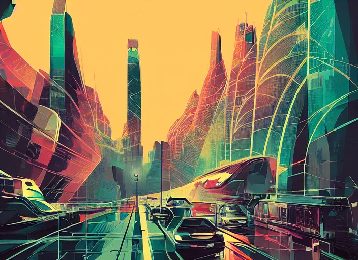 Image similar to futuristic london, courful illustration, by petros afshar