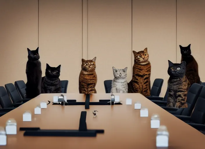 photo of cats attending a management board meeting. | Stable Diffusion