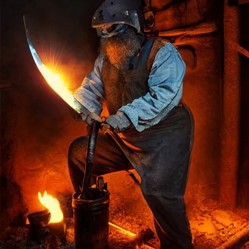 Image similar to A blacksmith creating a magical sword in a furnace, sparks and embers flying, intense heat, professional photographer, 50mm lens, studio lighting, Award-Winning, No blur, highly detailed, intimate, close up, art by Michael Whelan