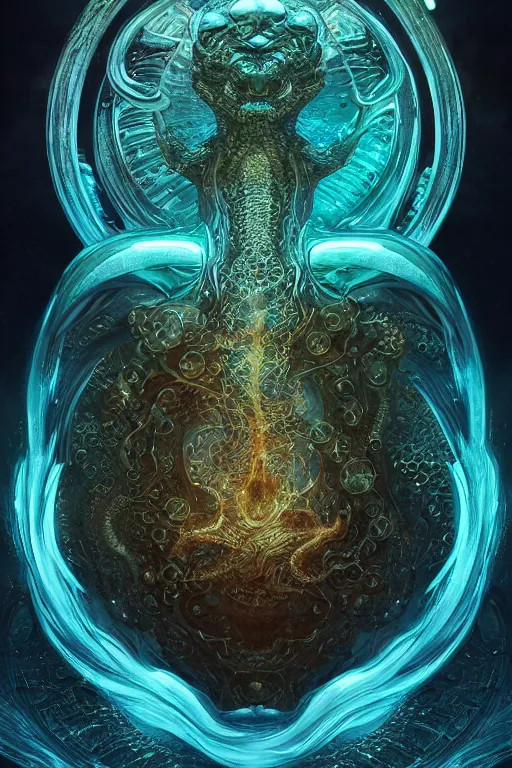 Image similar to a centered render of an ancient futuristic elden ring dragon with digital modifications surrounded by a underwater ink pour and flowing liquid gallium and complex sacred geometry, perfect body and face, powerful, cinematic, beautifully lit, by john howe, by beeple, by artgerm, by karol bak, 3 d, trending on artstation, octane render, 8 k