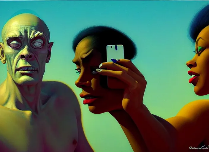 Image similar to beautiful extreme closeup photo in style of frontiers rendered in octane 3d , stunning, coherent, beautiful painting, still of a creepy man following a beautiful black bbw woman in wal-mart, she is taking a selfie of the creepy man is following her, , Edward Hopper and James Gilleard, Zdzislaw Beksinski, Steven Outram, highly detailedrich deep colors. rich deep colors. Beksinski painting, art by Takato Yamamoto , Wayne Barlowe. masterpiece. rendered in blender, ultra realistic, smooth shading, ultra detailed, high resolution, cinematic, unreal 6