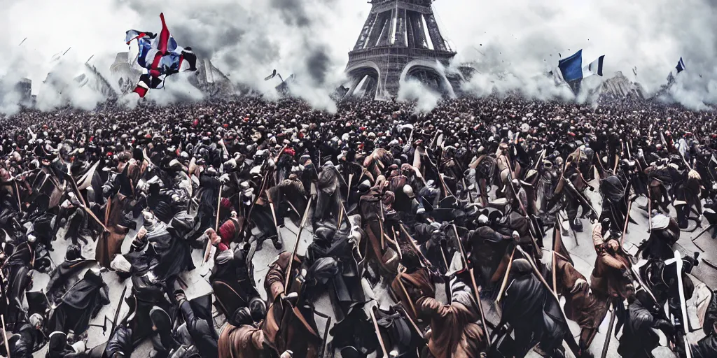 Prompt: fashion editorial french revolution storming of the Bastille. wide angle shot. highly detailed. photography.