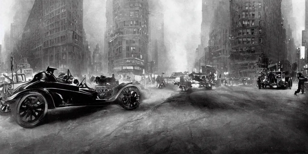 Prompt: old black and white photo, 1 9 1 3, depicting batmobile from dark knight rampaging through the bustling streets of new york city, rule of thirds, historical record