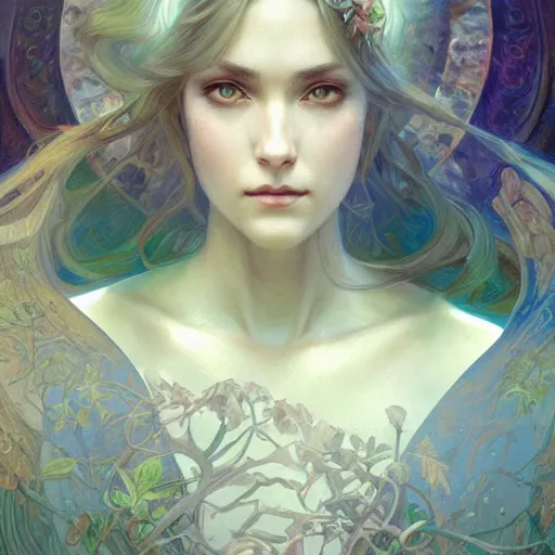 Image similar to portrait of female transcendental creature, D&D, fantasy, intricate, elegant, highly detailed, digital painting, artstation, concept art, smooth, sharp focus, illustration, art by artgerm and greg rutkowski and alphonse mucha