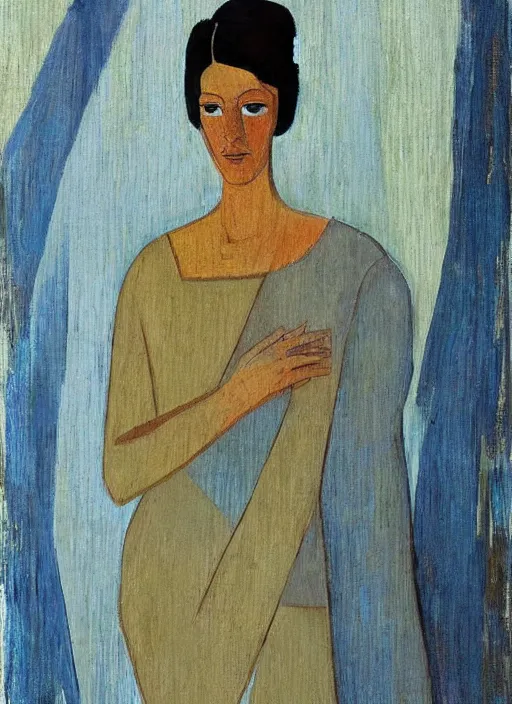 Image similar to a painted portrait of a confident women, art by felice casorati, aesthetically pleasing and harmonious natural colors, expressionism, natural light, fine day, portrait