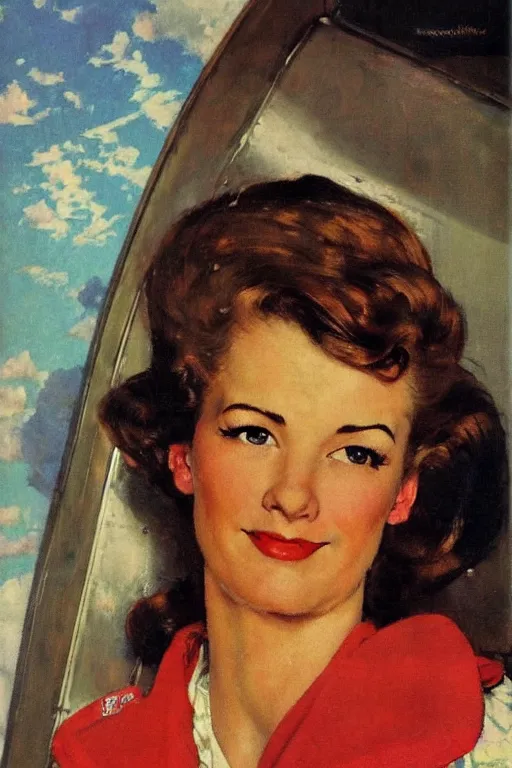 Image similar to portrait of a woman!! looking at the camera! brown hair!!!, eyes open!!, god rays! on a 1950s! ocean liner!! by norman rockwell, oil paint