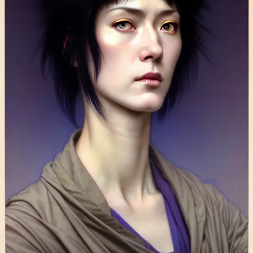 Prompt: Masterpiece head and shoulder portrait of Major Kusanagi from Ghost in the Shell drawn by Donato Giancola and Tom Bagshaw, face by Artgerm and Edmund Leighton, Alphonse Mucha, background by James Jean and Gustav Klimt, 4k, porcelain skin, komorebi, french nouveau, trending on artstation, octane render, hyperrealistic