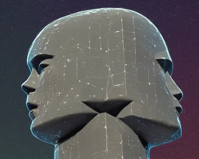 Prompt: a giant sculpture of an abstractly shaped head with stars around it, in the style of chad knight, award winning, cinematic, hyper - realistic, very detailed, realistic water splashes, ray tracing, 8 k resolution, long - shot, sharp focus, low angle, 8 5 mm photograph, wide lens