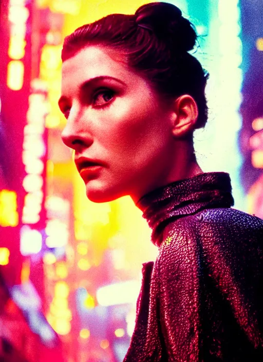 Image similar to A hyper realistic and detailed head portrait photography of a Rachael of Blade Runner on a futuristic street. by Annie Leibovitz. Neo noir style. Cinematic. neon lights glow in the background. Cinestill 800T film. Lens flare. Helios 44m