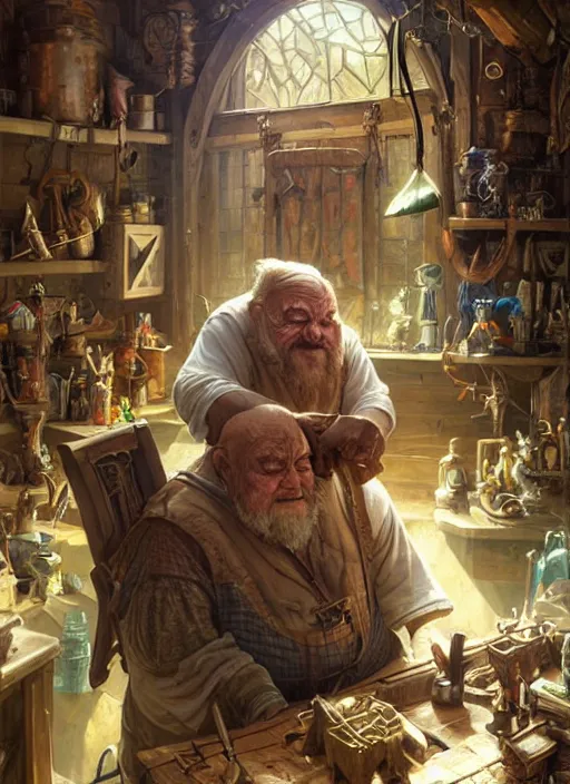 Prompt: an epic fantasy comic book style portrait painting of a an old tinker fat man working on a device in her workshop, d & d, fantasy, intricate, elegant, highly detailed, digital painting, artstation, concept art, matte, sharp focus, illustration, art by artgerm and greg rutkowski and alphonse mucha