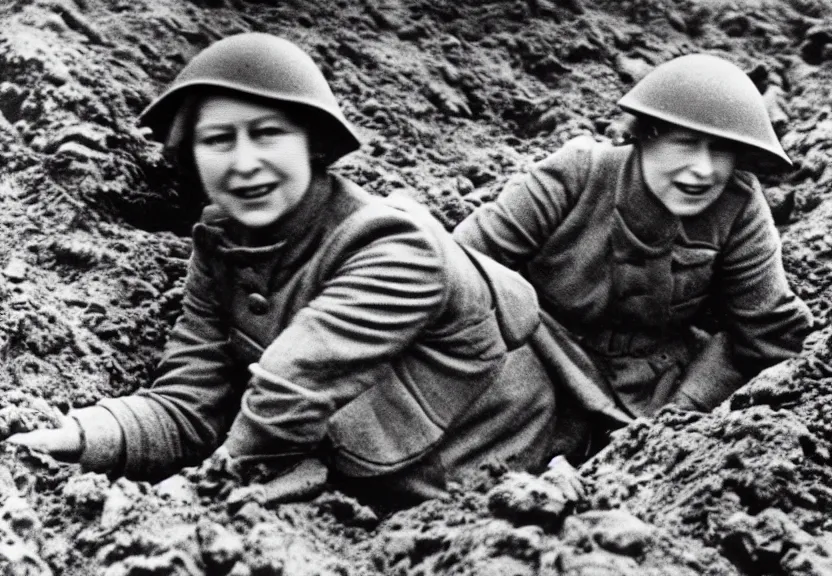 Prompt: detailed photo of queen elizabeth ii fighting in the trenches in ww 1