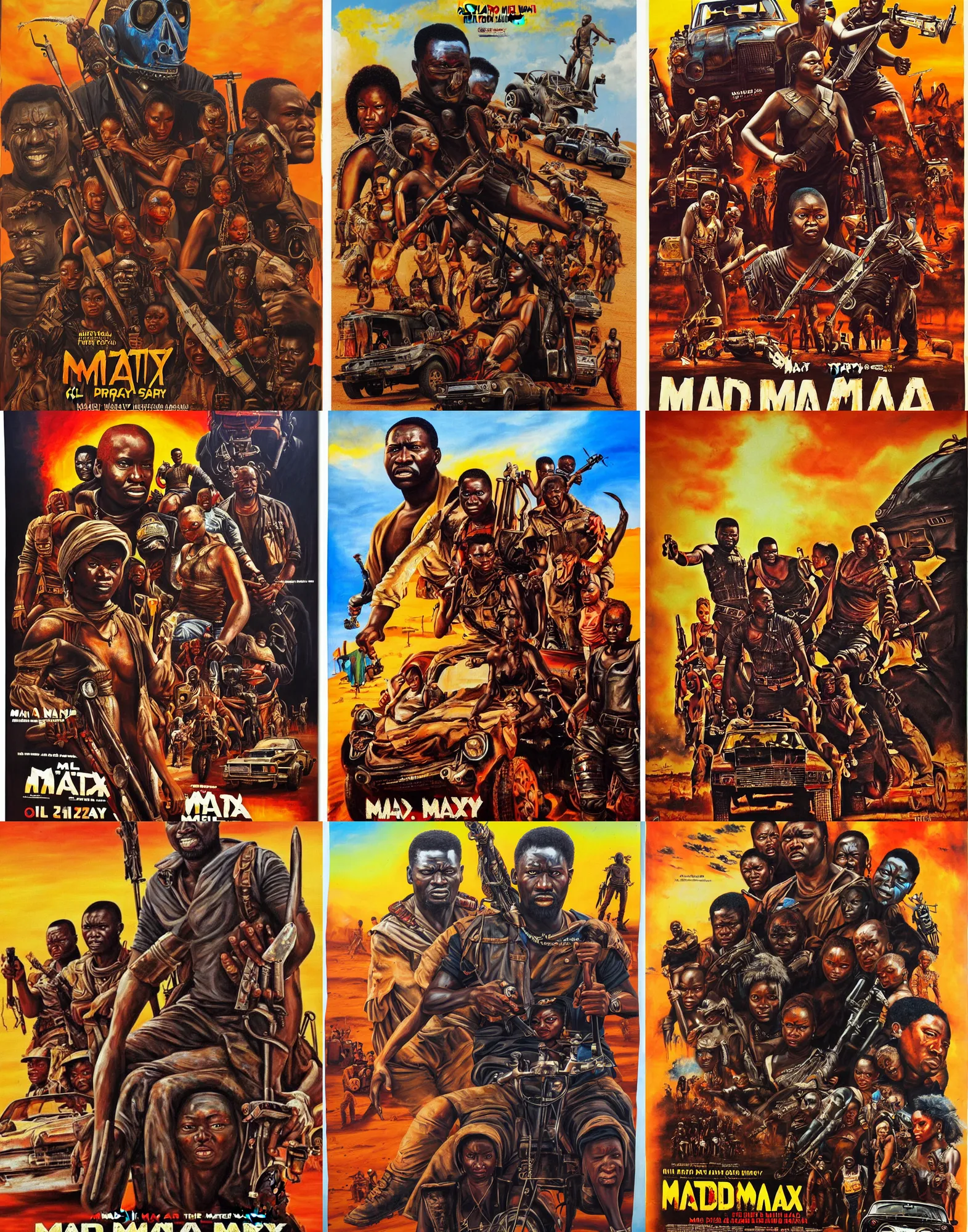 Prompt: oil painted ghana movie poster for mad max by mr. nana agyq and heavy j and farkira and stoger and magasco, painted on canvas, deadly prey gallery