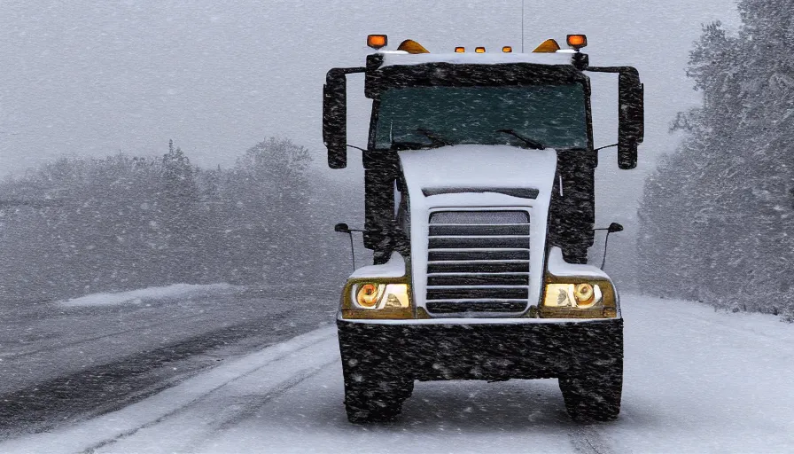 Prompt: Heavy Snow falls on a Snowplow parked in a winter landscape, a blizzard and thick snow, mist and fog, concept art, highly detailed