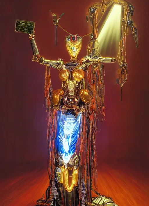 Image similar to Robotic beautiful shaman woman posing in front of an altar painted by Hajime Sorayama , robot, tarot, dramatic lighting