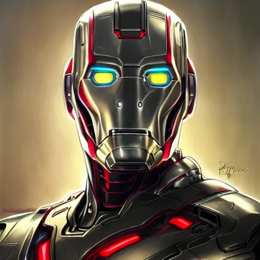 Image similar to handsome Robert Downey Jr as Ultron, western, closeup, D&D, fantasy, intricate, elegant, highly detailed, digital painting, artstation, concept art, matte, sharp focus, illustration, art by Artgerm and Greg Rutkowski and Alphonse Mucha