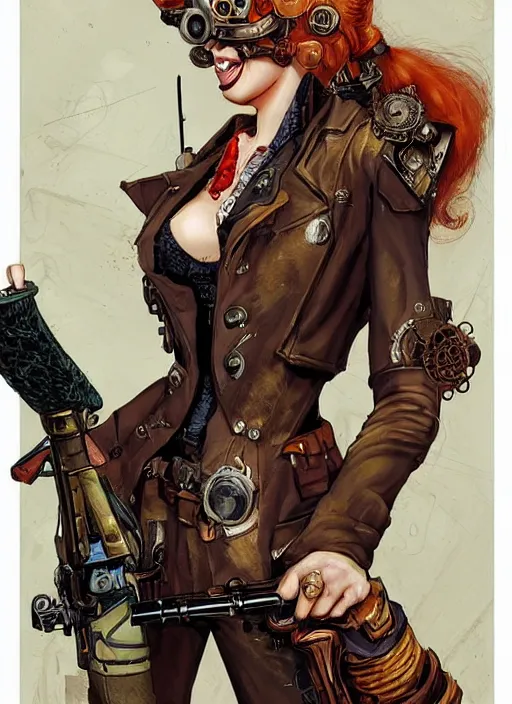 Image similar to 8K, realistic ginger Lady Mechanika in a Comic Book cover, holding a shotgun, and wearing victorian goggles in a ultradetailed Steampunk scenary, smooth, sharp focus, illustration. Art by Artgerm and Peter Andrew Jones and Pete Tapang and Alina Ivanchenko and Hirokazu Yokohara and Kago Shintaro. Trending on artstation, featured in Deviantart, Wallhaven Wallpaper, sharp focus, D&D, detailed, intricate, cinematic lighting,