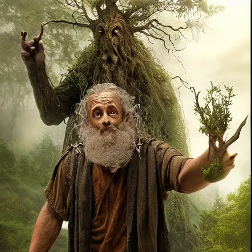 Image similar to matte painting of Treebeard holding Merry and Pippin form the Lord of the Rings