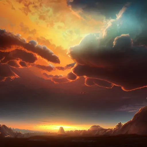 Image similar to a futuristic landscape with explosions. Sunset un the background ando beautiful clouds. 4k. Digital Art. Trending on Artstation