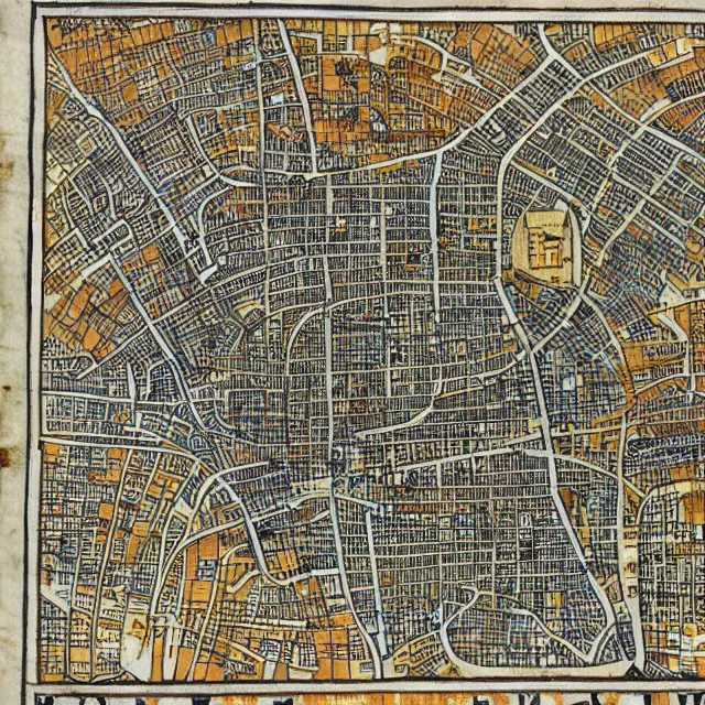 Prompt: medieval manuscript isometric map of london, detailed, illuminated illustration woodcut