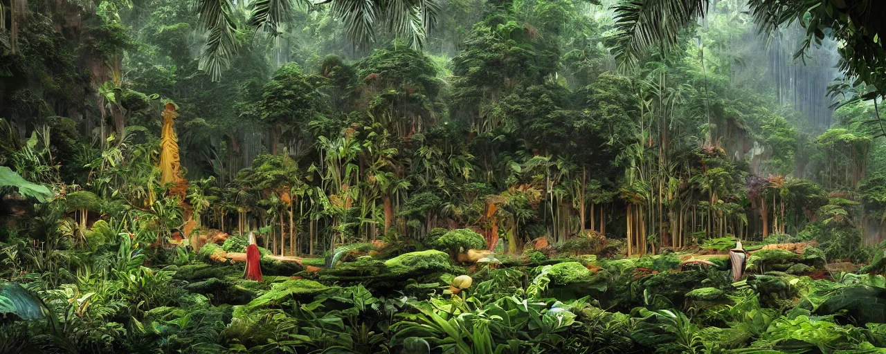 Prompt: a mystic temple in an overgrown rainforest, by roger dean, by syd mead, detailed, meticulous, realistic shadows, rendered in lumion, matte painting