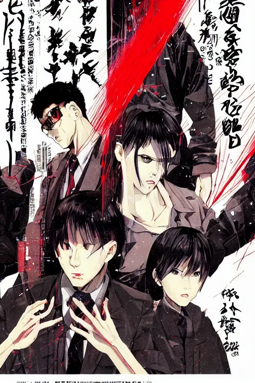 Image similar to professionally drawn 9 0 s seinen seinen seinen mature cyberpunk horror detective action manga comic cover, full color, beautifully drawn coherent professional, drawn by ilya kuvshinov, ilya kuvshinov, and hiromu arakawa and tsutomu nihei. japanese script kanji hiragana on the cover. simplistic minimalist.