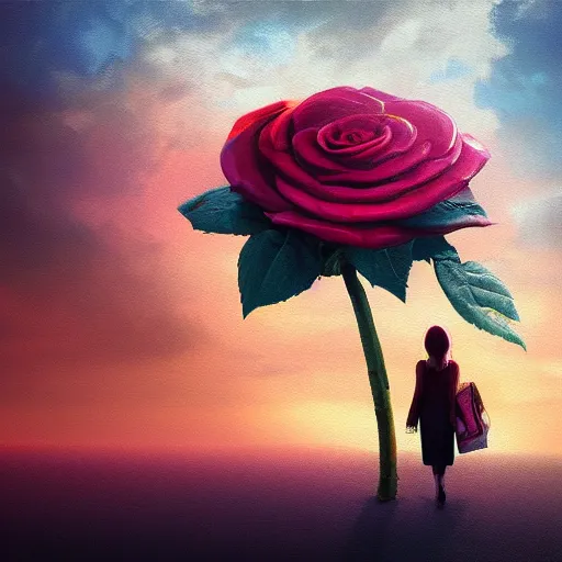 Prompt: closeup, huge rose flower as a head, frontal, a girl in a suit, surreal photography, sunrise, dramatic light, impressionist painting, digital painting, artstation, simon stalenhag