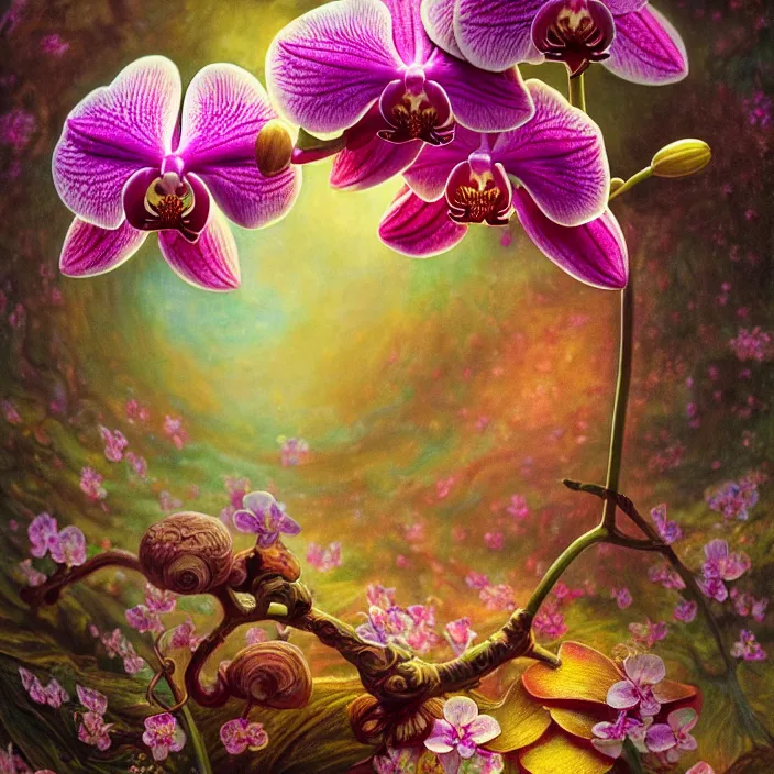 Prompt: extremely psychedelic macro orchid and cherry blossom and musroom, DoF, LSD, diffuse lighting, fantasy, intricate, elegant, highly detailed, lifelike, photorealistic, digital painting, artstation, illustration, concept art, smooth, sharp focus, art by John Collier and Albert Aublet and Krenz Cushart and Artem Demura and Alphonse Mucha