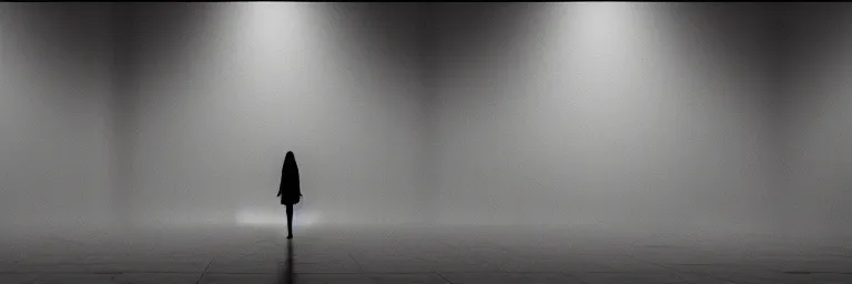 Image similar to dim lights shining through dark fog, emptiness, centered silhouette of a girl standing small, dress, spooky found footage, dramatic contrast, vast empty hall, trending on artstation