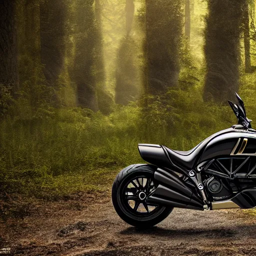 Image similar to portrait of a single ducati diavel in a vast forest landscape in the style of thomas cole, cinematic lighting, raytracing, 8 k, octane render, volumetric, vivid, beautiful, hyperrealism