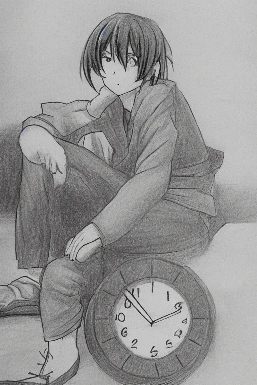 Image similar to anime drawing, a student sitting looking at the clock on the wall