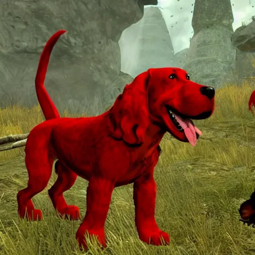 Prompt: Clifford the big red dog battles dragons in skyrim