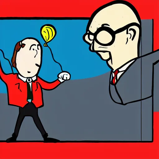 Image similar to saul goodman throwing dart at red ballon, cartoon drawing