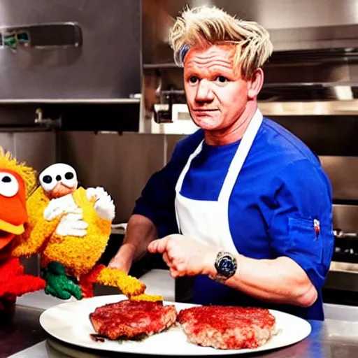 Image similar to photo of gordon ramsay cooking muppet meat