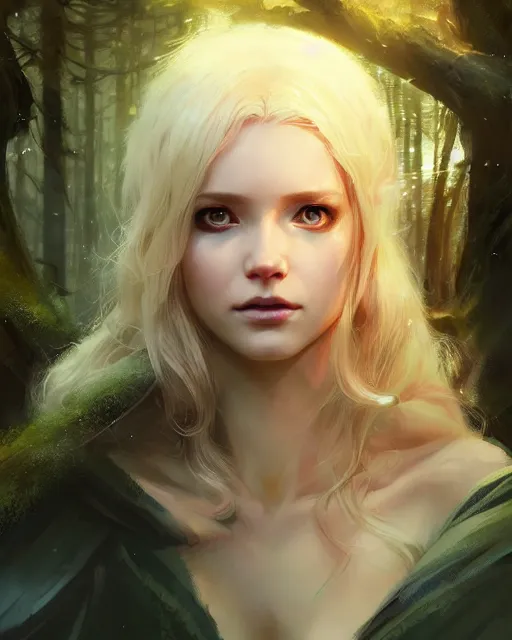 Image similar to blonde young sorceress with a heavy cloak casting a spell in the forest, fantasy character portrait, ultra realistic, concept art, intricate details, highly detailed by ilya kuvshinov, greg rutkowski, gaston bussiere, craig mullins, simon bisley