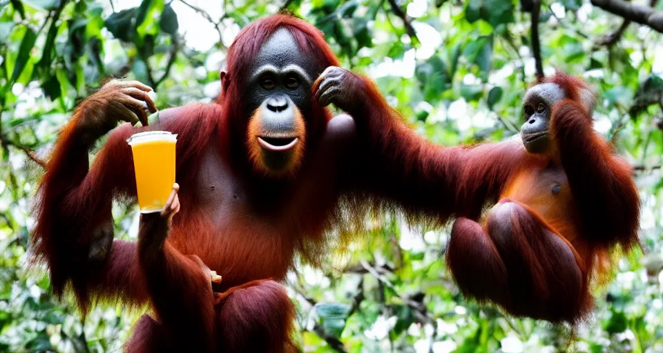 Prompt: a orangutan eating a big mac, holding a drink in its hand