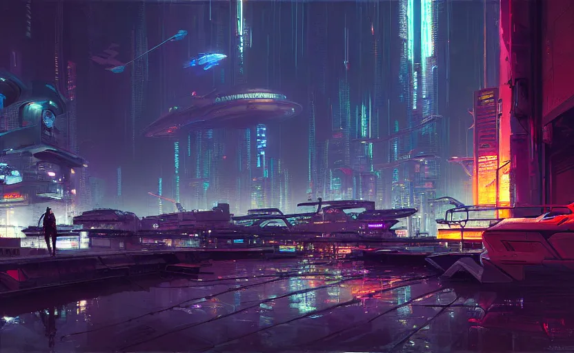 Prompt: a cyberpunk futuristi and cinematic harbour at night by greg ruthkowski and craig mullins