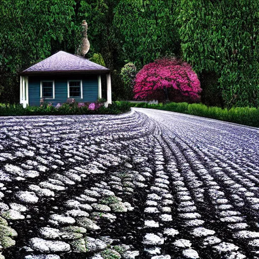 Image similar to blooming gravel path, house on a hill, digital art