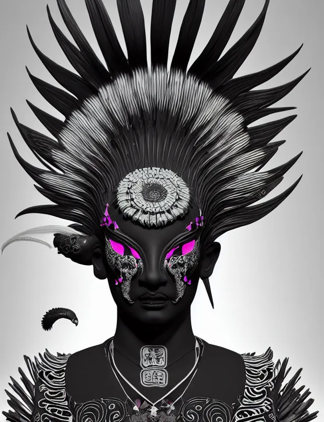 Image similar to 3 d goddess close - up profile simple portrait punk with mohawk with ram skull. beautiful intricately detailed japanese crow kitsune mask and clasical japanese kimono. betta fish, jellyfish phoenix, bio luminescent, plasma, ice, water, wind, creature, artwork by tooth wu and wlop and beeple and greg rutkowski