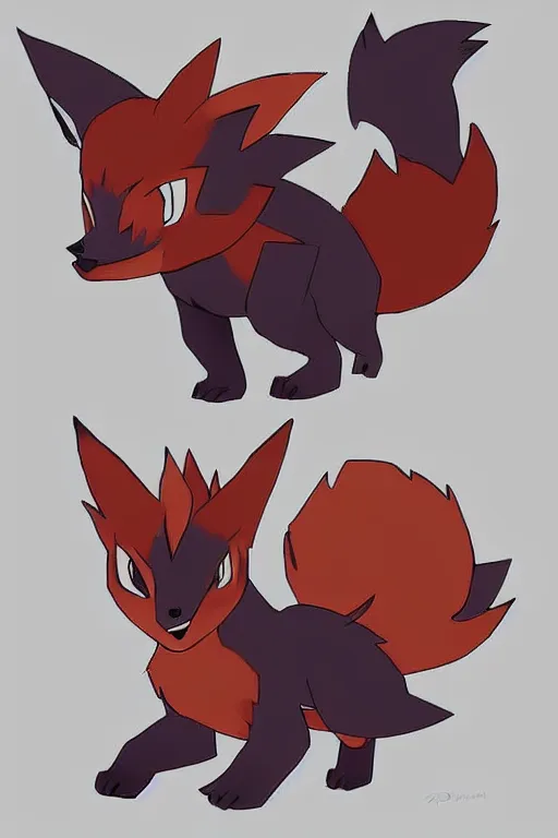 Image similar to zorua pokemon, stylised fox - like appearance, black and auburn colour pallet, thick furry neck and chest fluff, stylised 🖌 - like hair, pokemon concept art with multiple angles, super detailed, clean lines, digital art