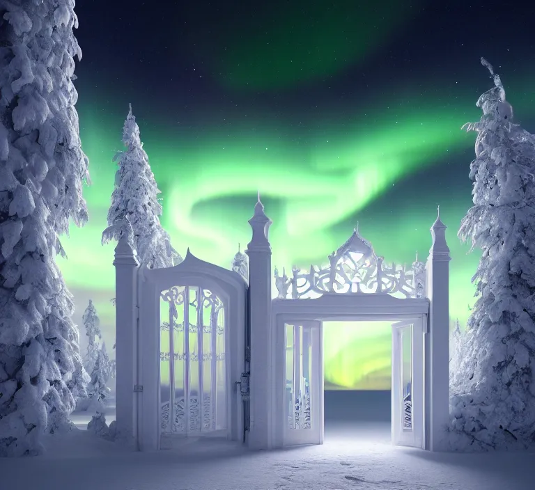 Image similar to a very detailed concept art of intricate and scandinavian white gates to aurora borealis, trending on artstation, symmetry, digital art, 4 k, hyper realistic, octane render, sharp focus