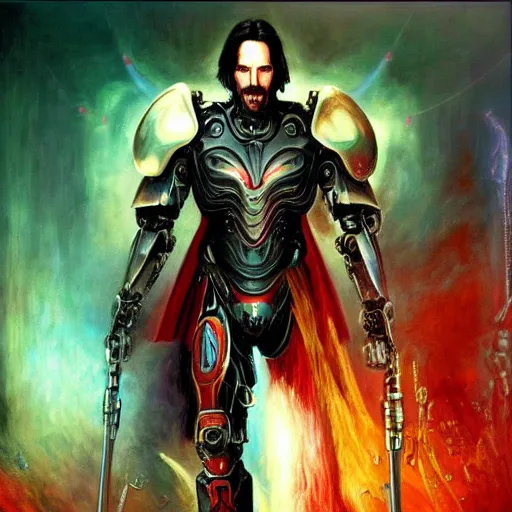 Prompt: A cyborg Keanu Reeves as the tyrant emperor of the universe. Trending on ArtStation. A vibrant digital oil painting. A highly detailed fantasy character illustration by Wayne Reynolds and Charles Monet and Gustave Dore and Carl Critchlow and Bram Sels