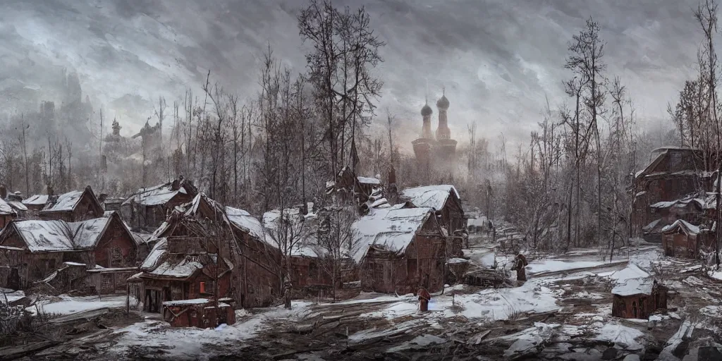 Prompt: An abandoned russian village as concept art for Metro Exodus, winter season, abandoned, ruined buildings, oil painting, painting by Viktor Vasnetsov, concept art, fantasy cityscape, Russian architecture, painting by Ivan Shishkin, hyperborea, high resolution, trending on artstation,