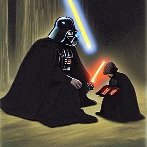 Image similar to Darth Vader reading a tale to young Luke Skywalker