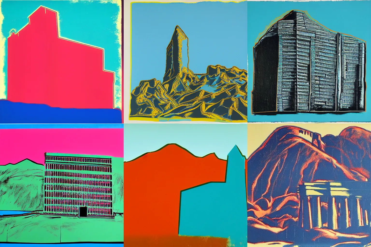 Prompt: artwork by andy warhol of a building with a large, very visible humanoid and visible terrain, unique and interesting composition,