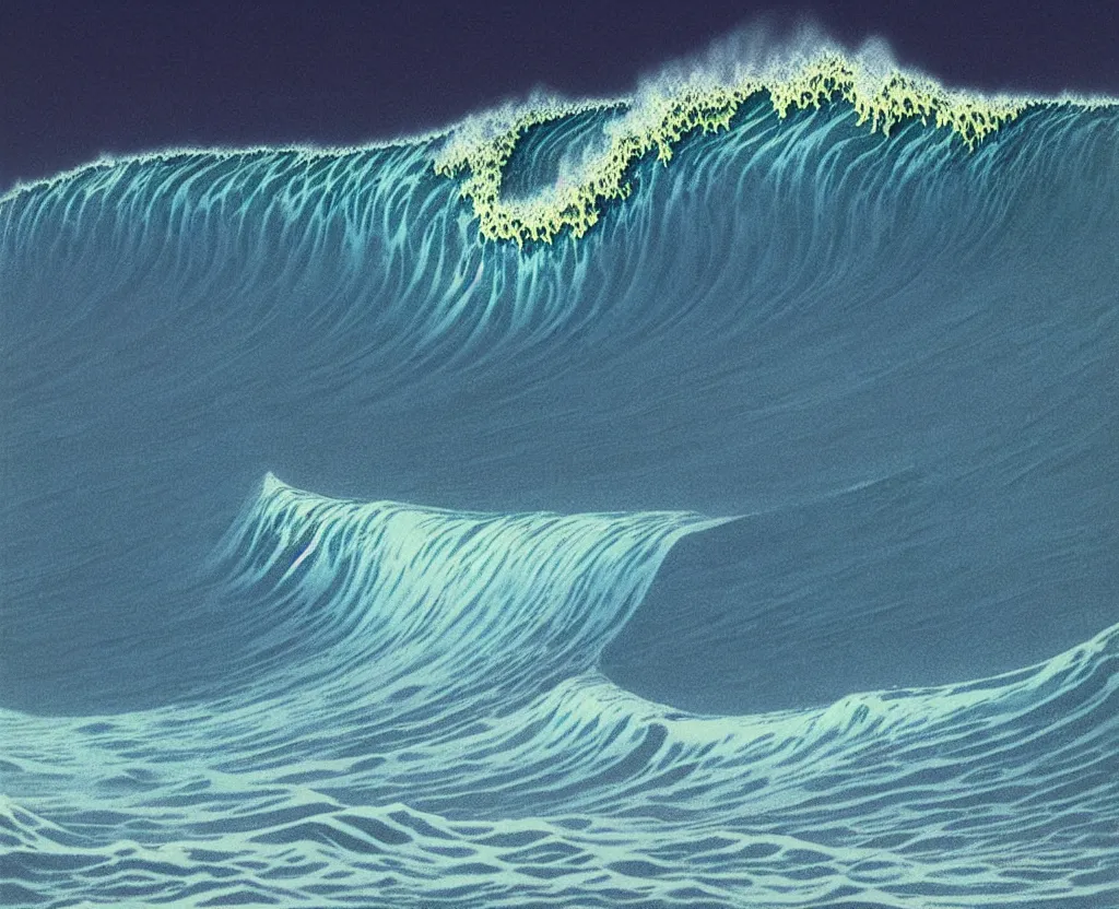 Image similar to banzai pipeline wave breaking darkness barrel by zdzisław beksinski ; ultra - realistic 3 d depth shading ; third reef pipeline by katsushika hokusai