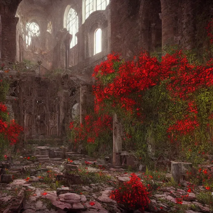 Image similar to a interior photo of a ruined church with a lot of red flowers growing inside at sunset, godrays, complementary colours, very spacious open view in unreal engine rendering, CGSociety, concept art, DeviantArt, Ferdinand Knab, beautiful, 8K,highly detailed, high quality