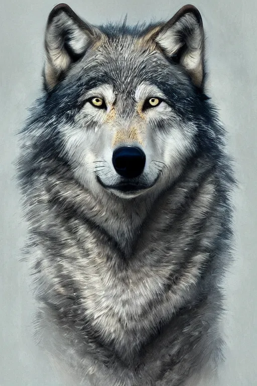 Image similar to portrait of a gray wolf, intricate, elegant, highly detailed, digital painting, artstation, concept art, smooth, sharp focus, illustration, art by Krenz Cushart and Artem Demura and alphonse mucha