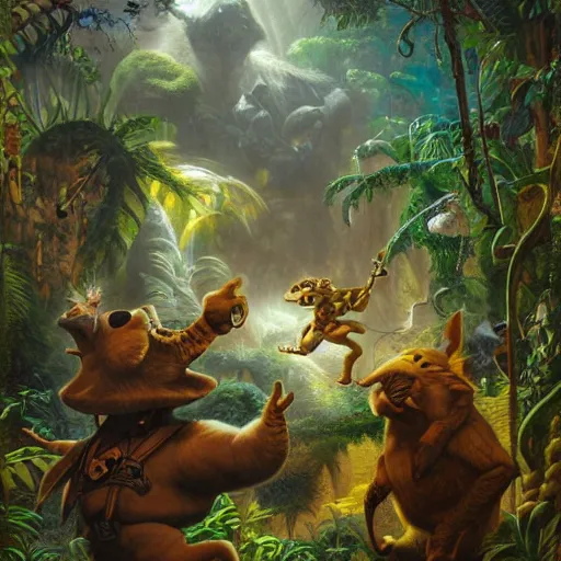 Image similar to laser fight in the jungle, oil painting by justin gerard