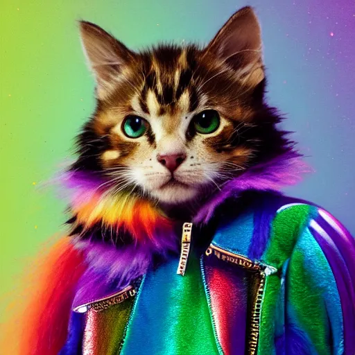 Image similar to wide angle full body, jacket wearing fluffy cute rainbow kitten wearing a black leather motorcycle jacket, cinematic concept art