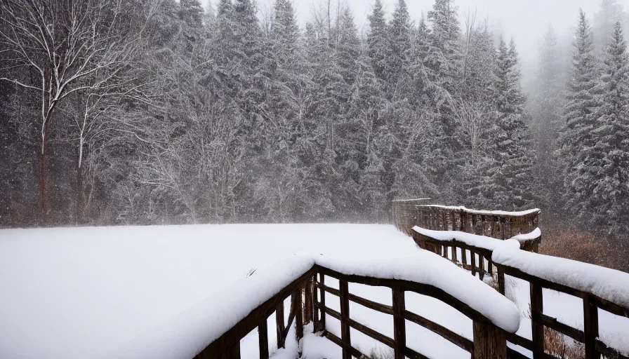 Prompt: wooden guardrails covered by snow in beautiful winter landscape. fog, snowstorm, photorealistic rendering, octane